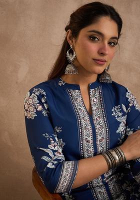 Navy Blue Printed Silk Blend Kurta Set