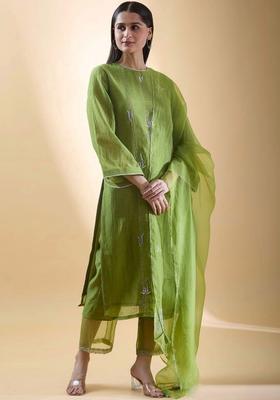 Lime Green Embroidered Chinon Kurta Set