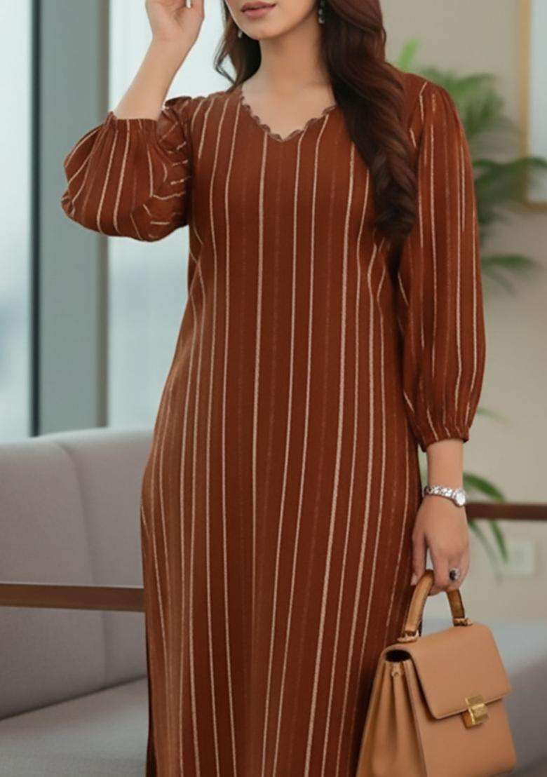 Brown Striped Silk Blend Kurta Set - Indya