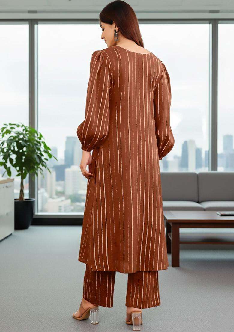 Brown Striped Silk Blend Kurta Set - Indya