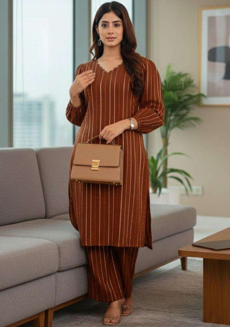 Brown Striped Silk Blend Kurta Set - Indya