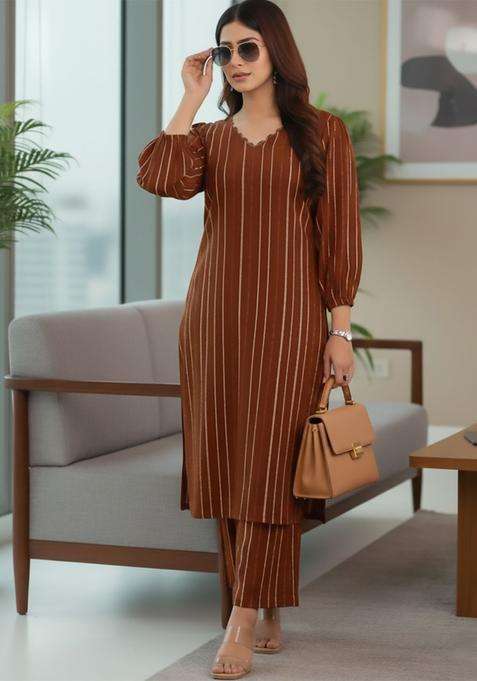 Brown Striped Silk Blend Kurta Set