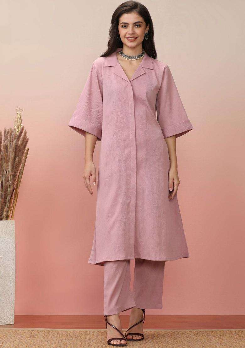 Pink Solid Silk Blend Kurta Set - Indya
