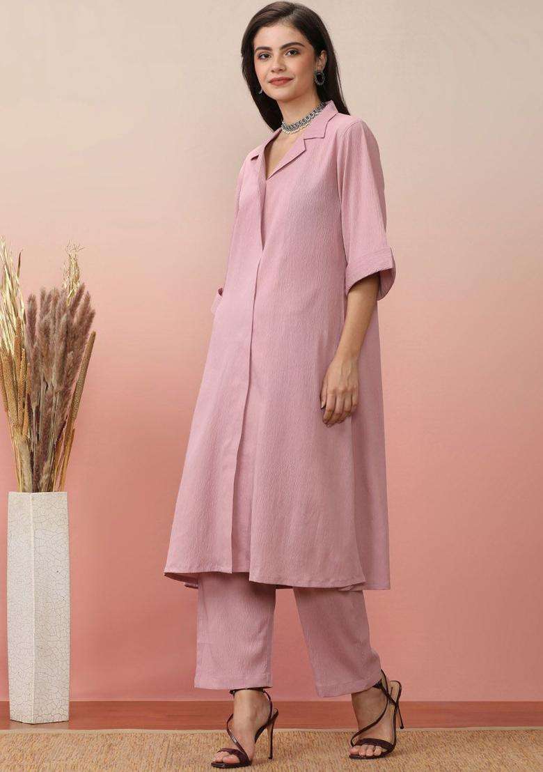 Pink Solid Silk Blend Kurta Set - Indya