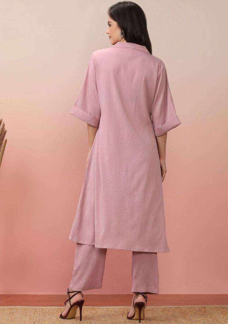 Pink Solid Silk Blend Kurta Set - Indya