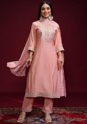 Peach Embroidered Polyester Kurta Set