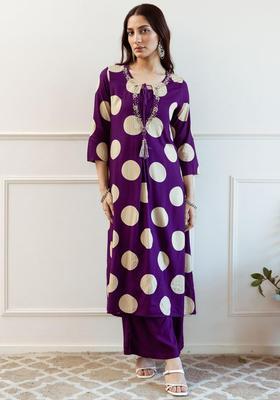 Purple Printed Viscose Kurta Set