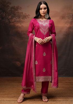 Fuchsia Embroidered Polyester Kurta Set