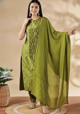 Olive Printed Silk Blend Kurta Set