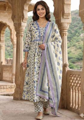 Cream Printed Cotton Kurta Set