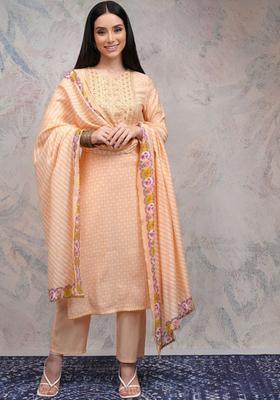 Peach Embroidered Viscose Kurta Set