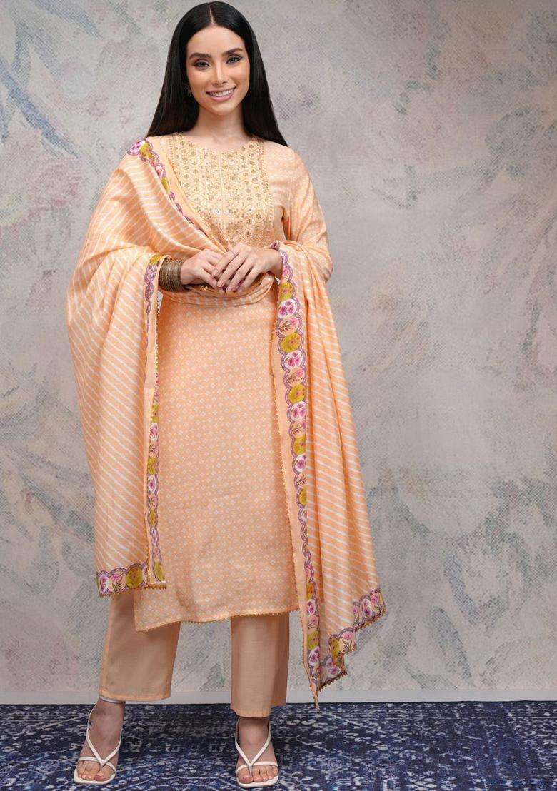 Peach Embroidered Viscose Kurta Set - Indya