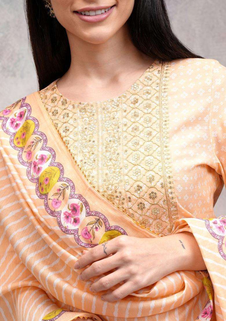 Peach Embroidered Viscose Kurta Set - Indya