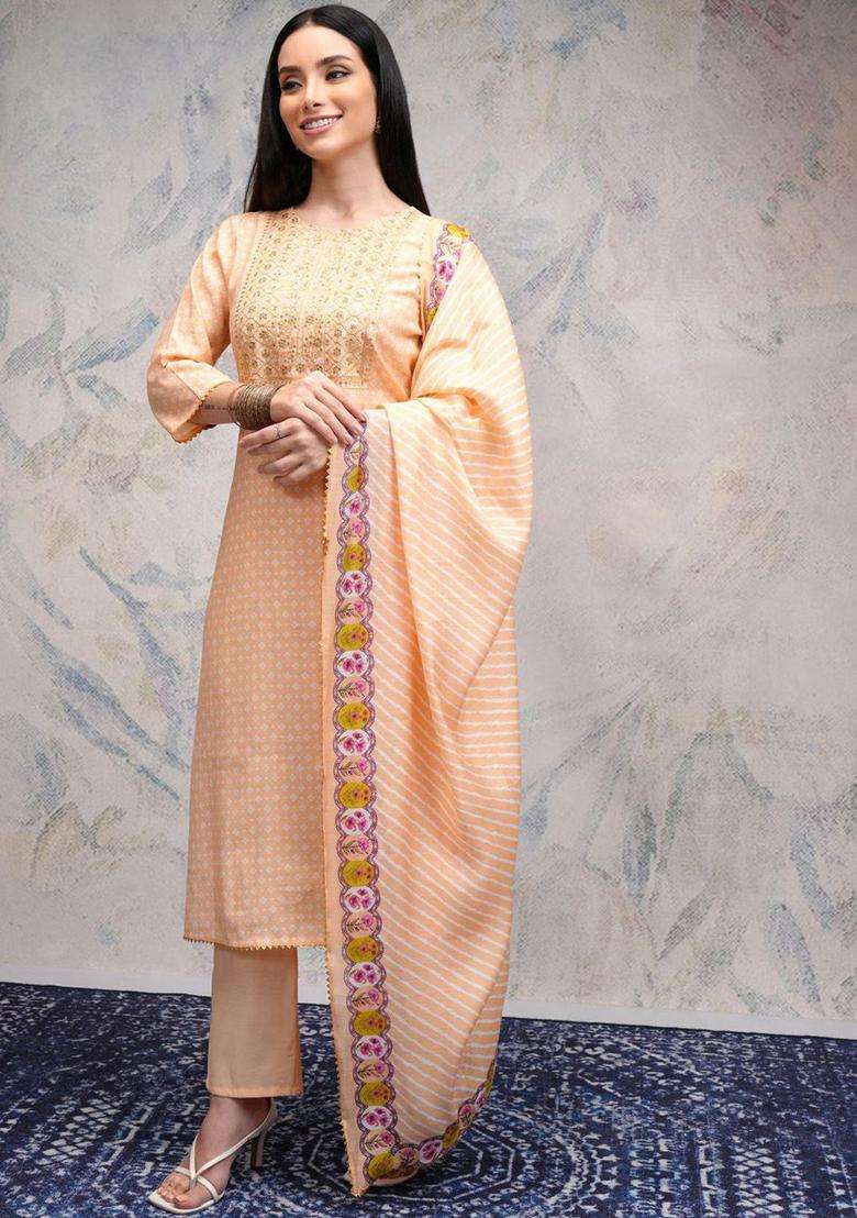 Peach Embroidered Viscose Kurta Set - Indya