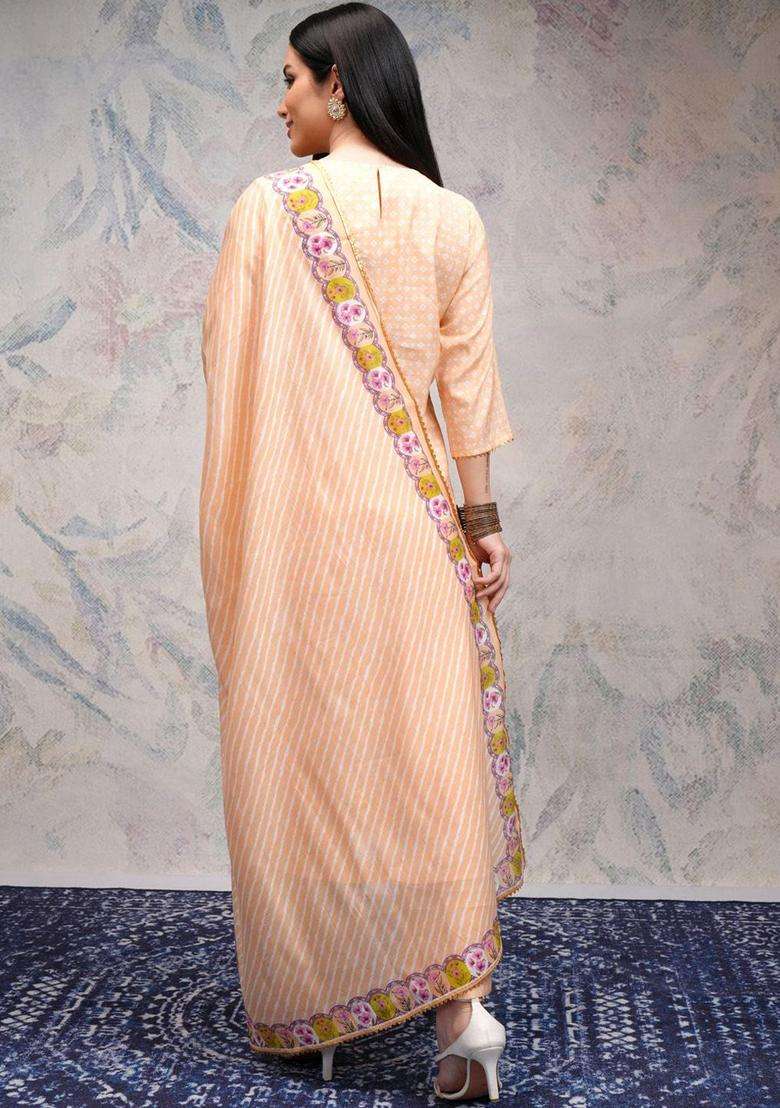 Peach Embroidered Viscose Kurta Set - Indya