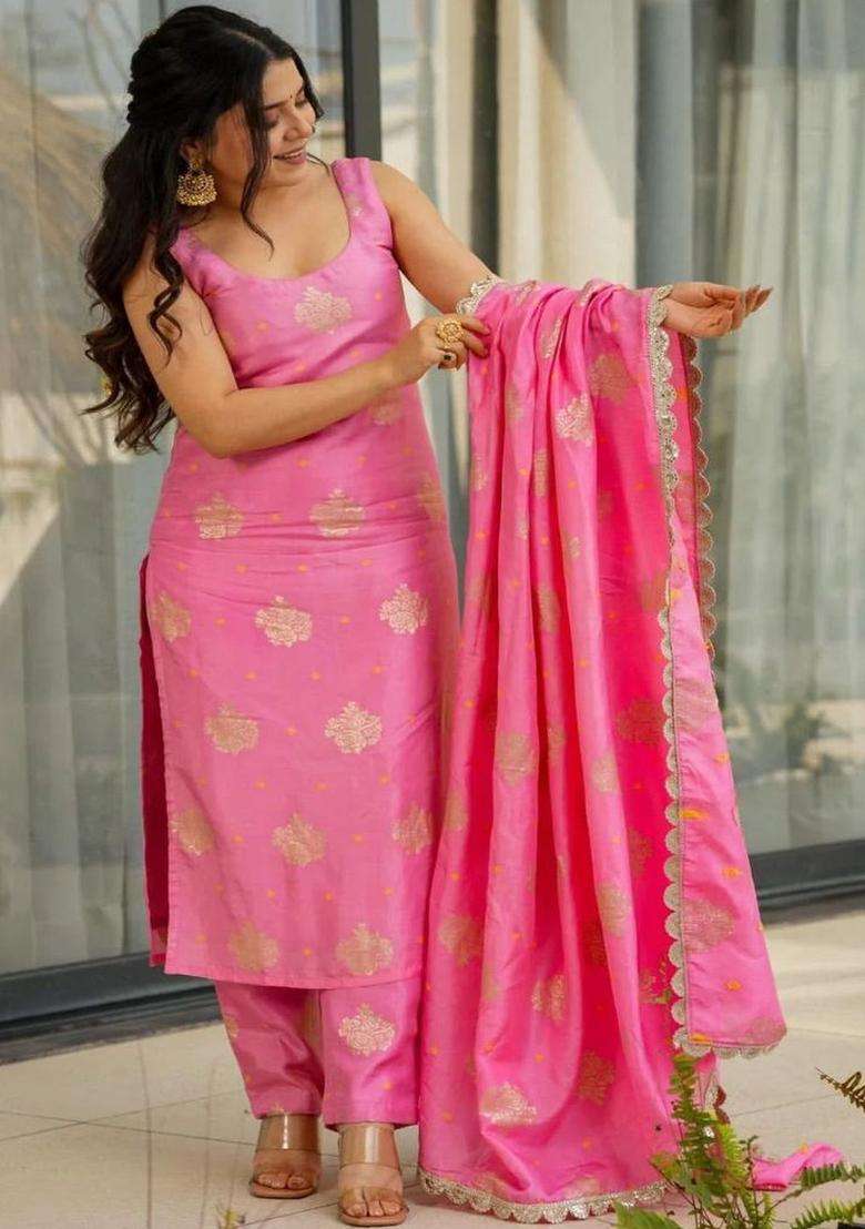 Pink Woven Design Silk Blend Kurta Set - Indya