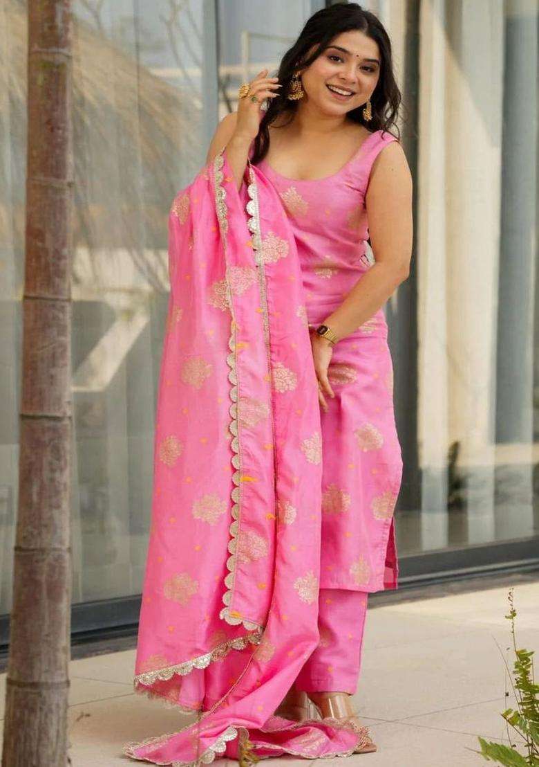 Pink Woven Design Silk Blend Kurta Set - Indya