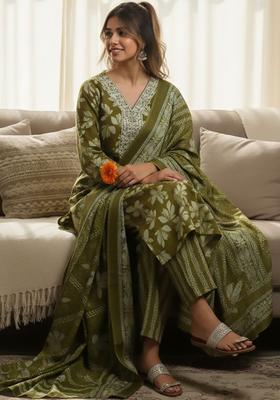 Olive Printed Cotton Kurta Set