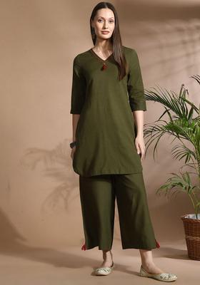 Green Solid Cotton Kurta Set