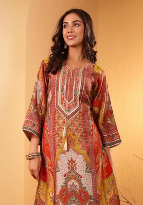 Mustard Printed Silk Blend Kurta Set