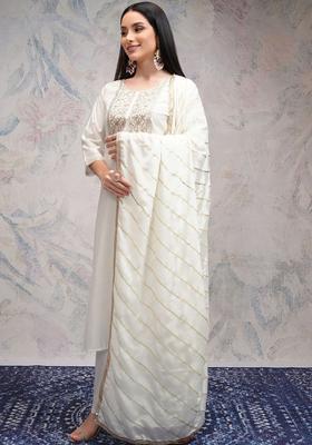 Off White Embroidered Polyester Kurta Set