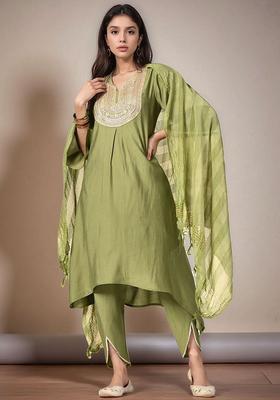 Green Solid Silk Kurta Set