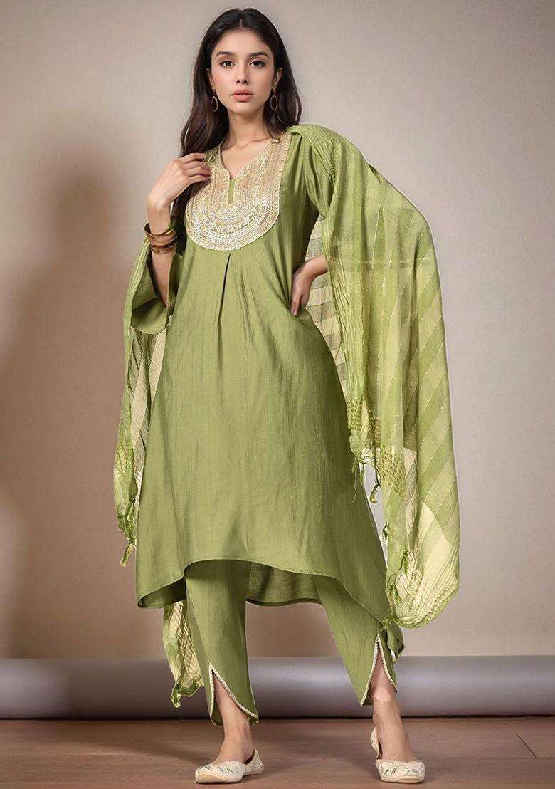 Green Solid Silk Blend Kurta Set - Indya