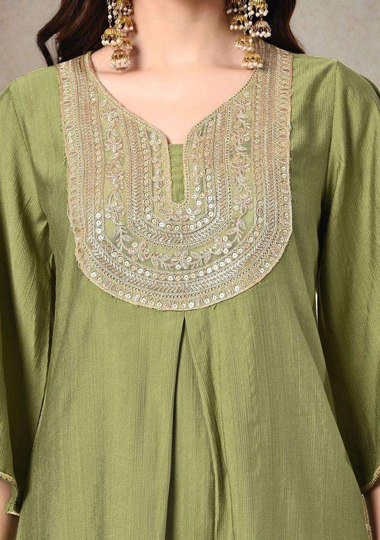 Green Solid Silk Blend Kurta Set - Indya