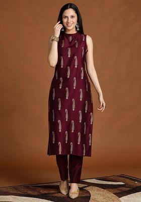 Burgundy Printed Silk Kurta Set