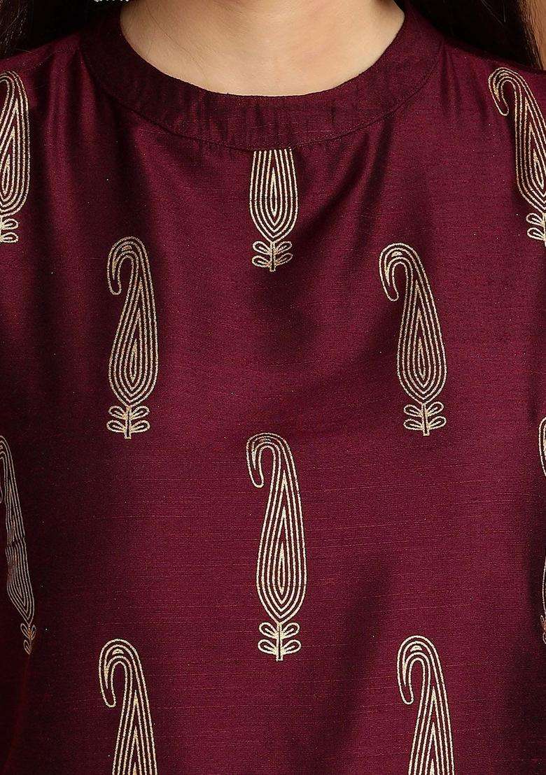 Burgundy Printed Silk Blend Kurta Set - Indya