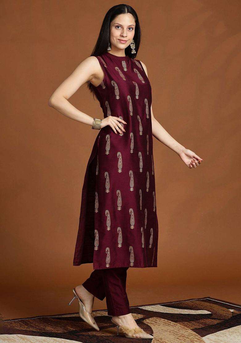 Burgundy Printed Silk Blend Kurta Set - Indya