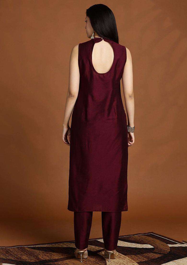 Burgundy Printed Silk Blend Kurta Set - Indya