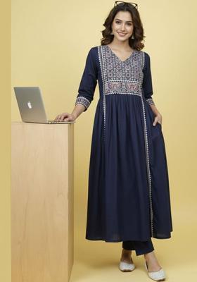 Navy Blue Embroidered Cotton Kurta Set