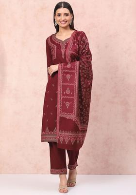Maroon Woven Design Viscose Kurta Set