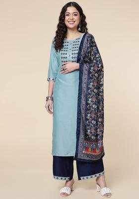Turquoise Blue Embroidered Silk Blend Kurta Set