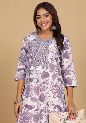 Mauve Printed Cotton Kurta Set