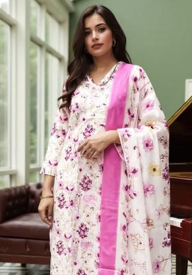 Cream Printed Cotton Kurta Set