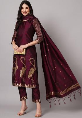 Purple Woven Design Silk Blend Kurta Set