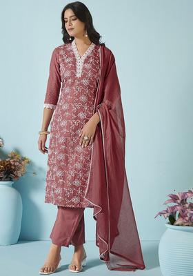 Rust Embroidered Cotton Kurta Set
