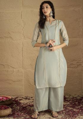 Blue Solid Silk Kurta Set