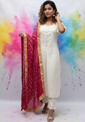 Off White Self Design Cotton Kurta Set