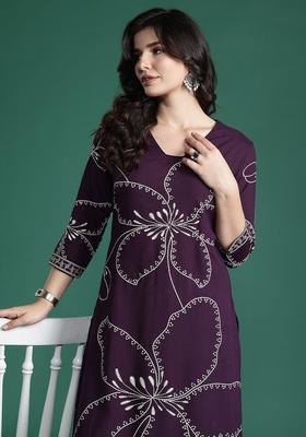Purple Printed Viscose Kurta Set