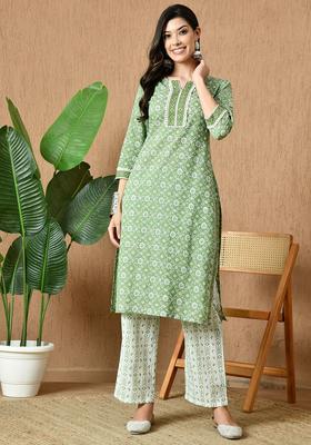 Green Printed Cotton Kurta Set