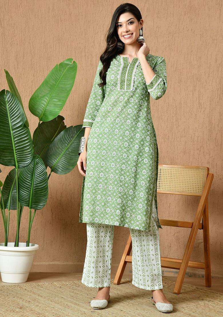 Green Printed Cotton Kurta Set - Indya
