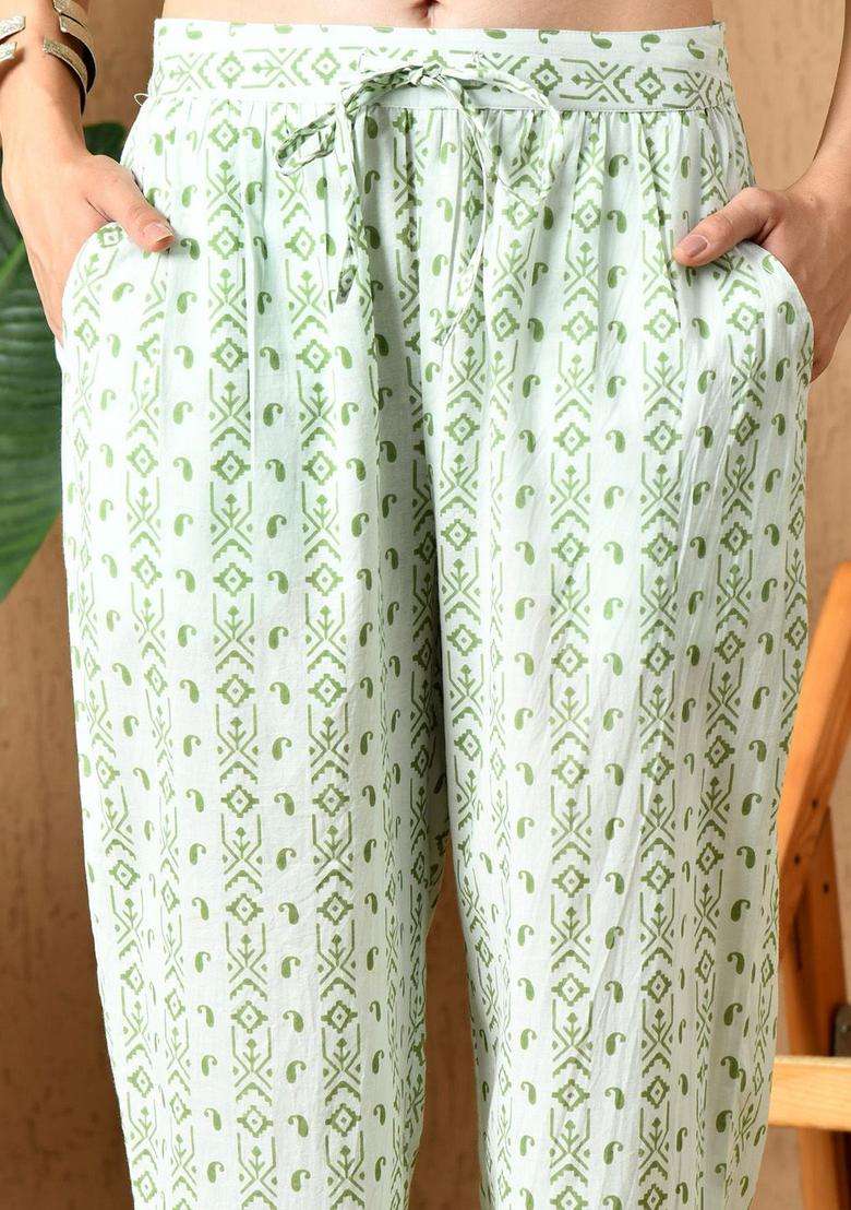 Green Printed Cotton Kurta Set - Indya