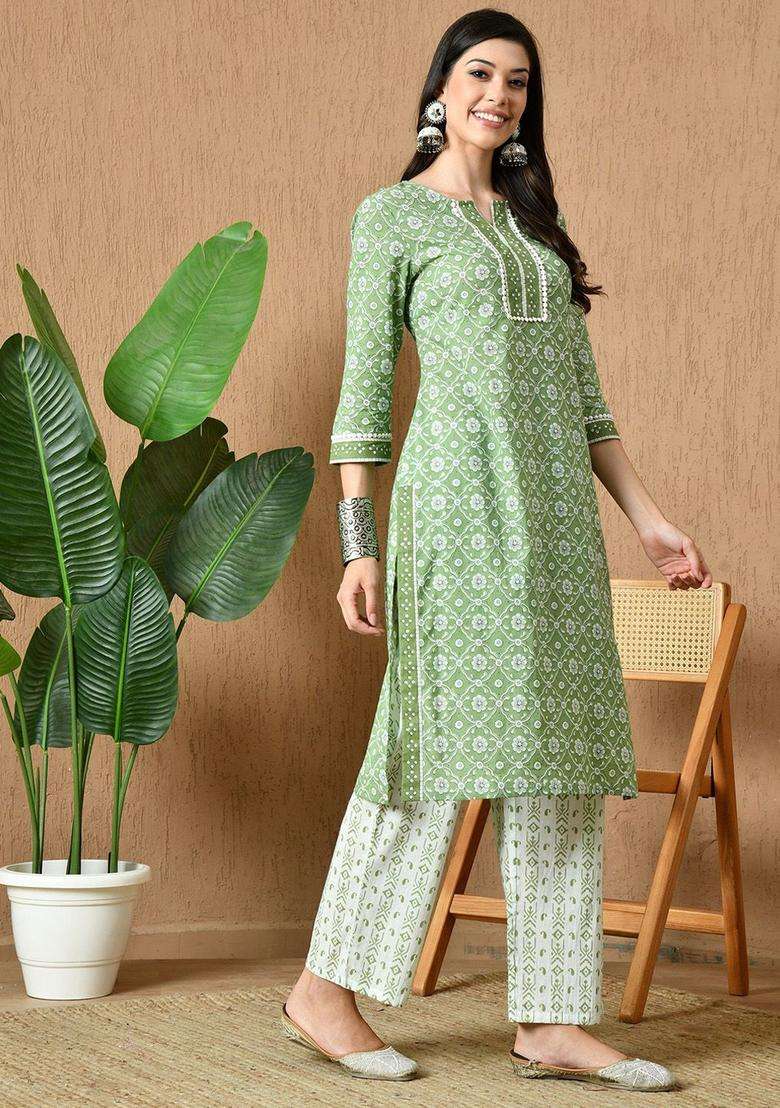 Green Printed Cotton Kurta Set - Indya