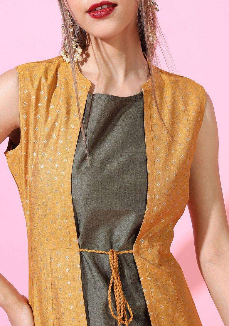 Mustard Striped Viscose Kurta Set - Indya