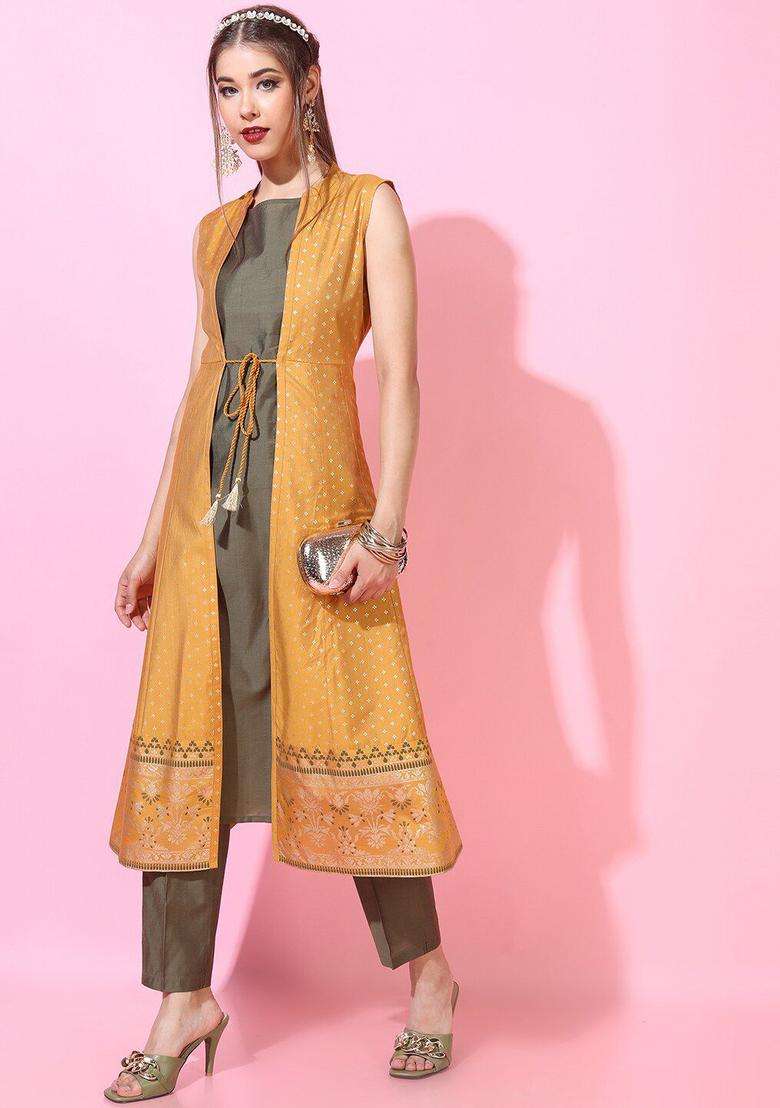 Mustard Striped Viscose Kurta Set - Indya