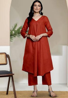 Orange Solid Cotton Kurta Set