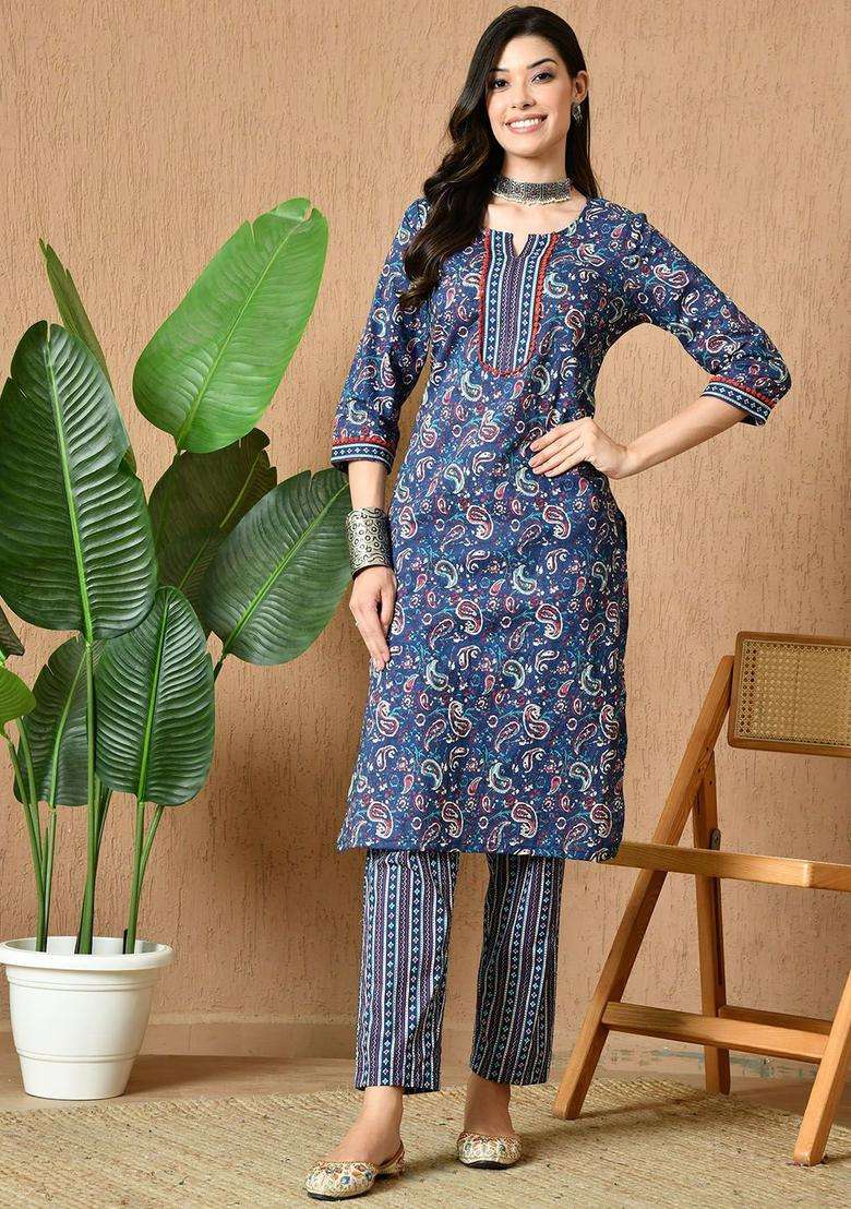 Navy Blue Printed Cotton Kurta Set - Indya